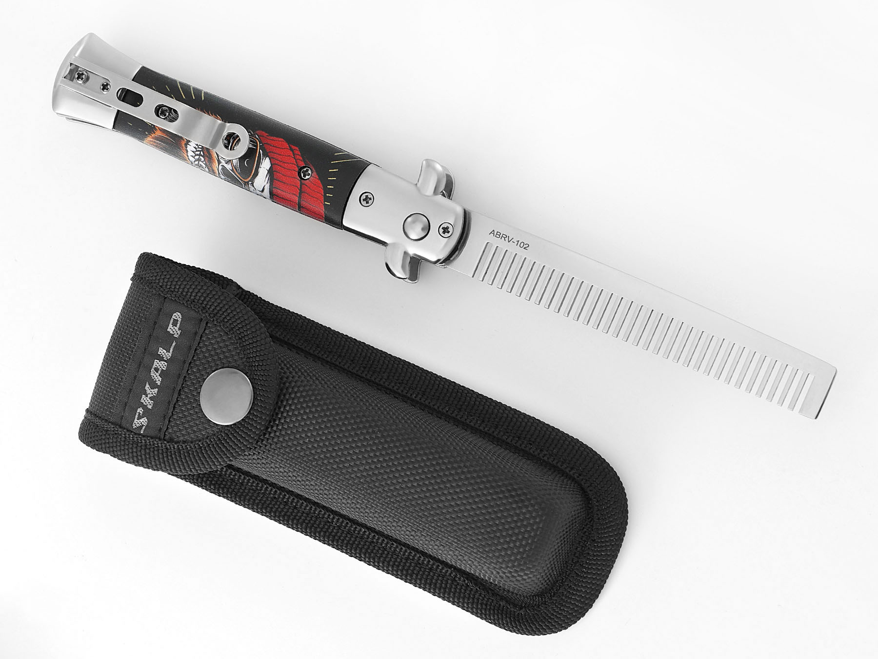 Расческа выкидная подарочная Ножемир SKALP ABRV-102 с принтом и чехлом