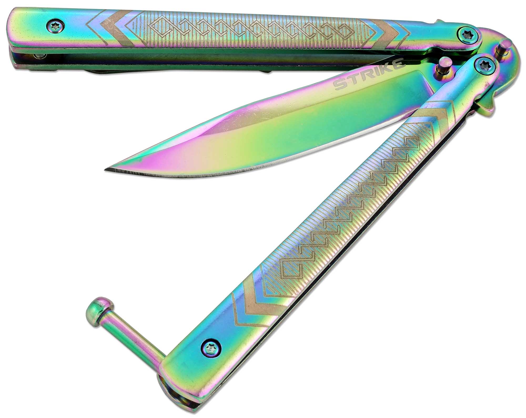 Нож бабочка балисонг радужный цвет с клипсой Ножемир Чёткий расклад Strike B-113CS