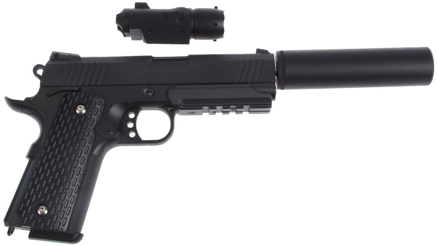 Страйкбольный пистолет софтэйр пружинный с глушителем Galaxy G25A Colt 1911PD