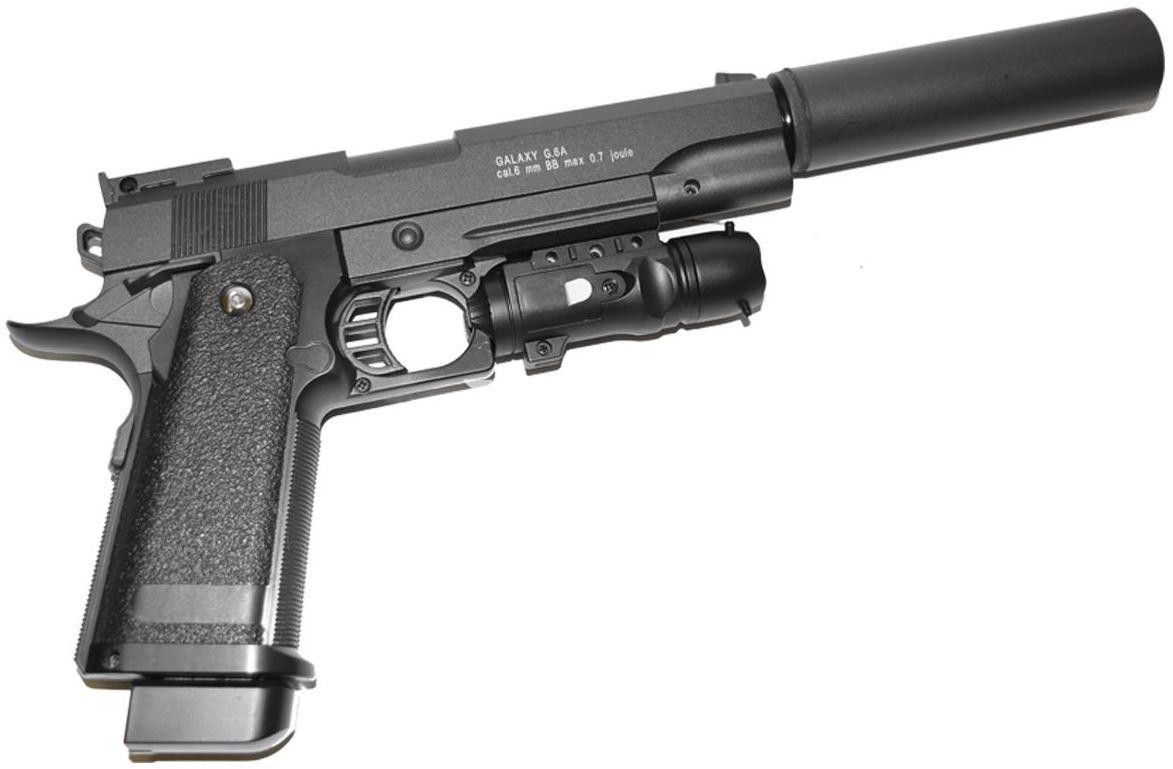Страйкбольный пистолет софтэйр пружинный с глушителем Colt 1911 Galaxy G6A