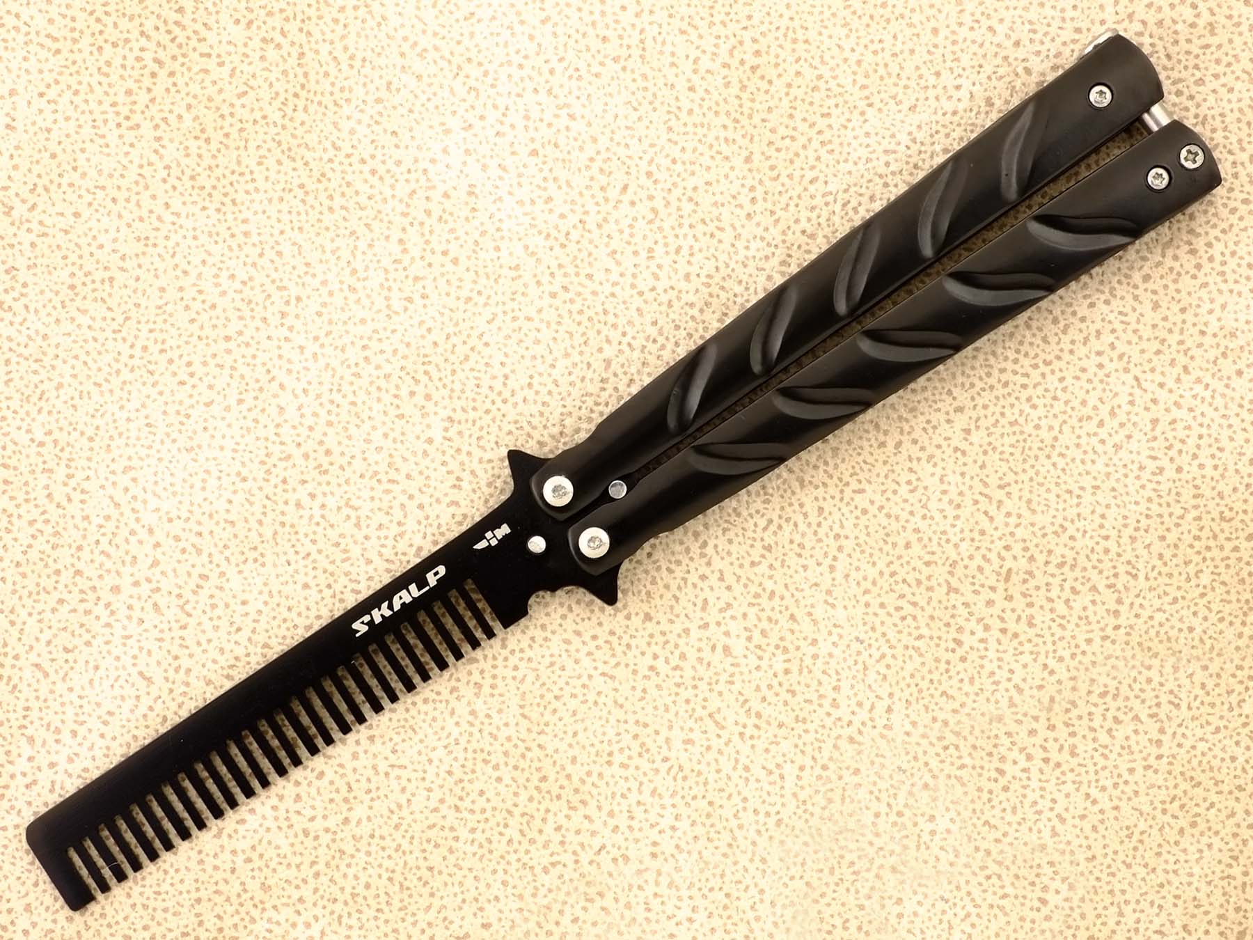 Нож тренировочный бабочка с клинком расческой Ножемир SKALP черный BRA-14
