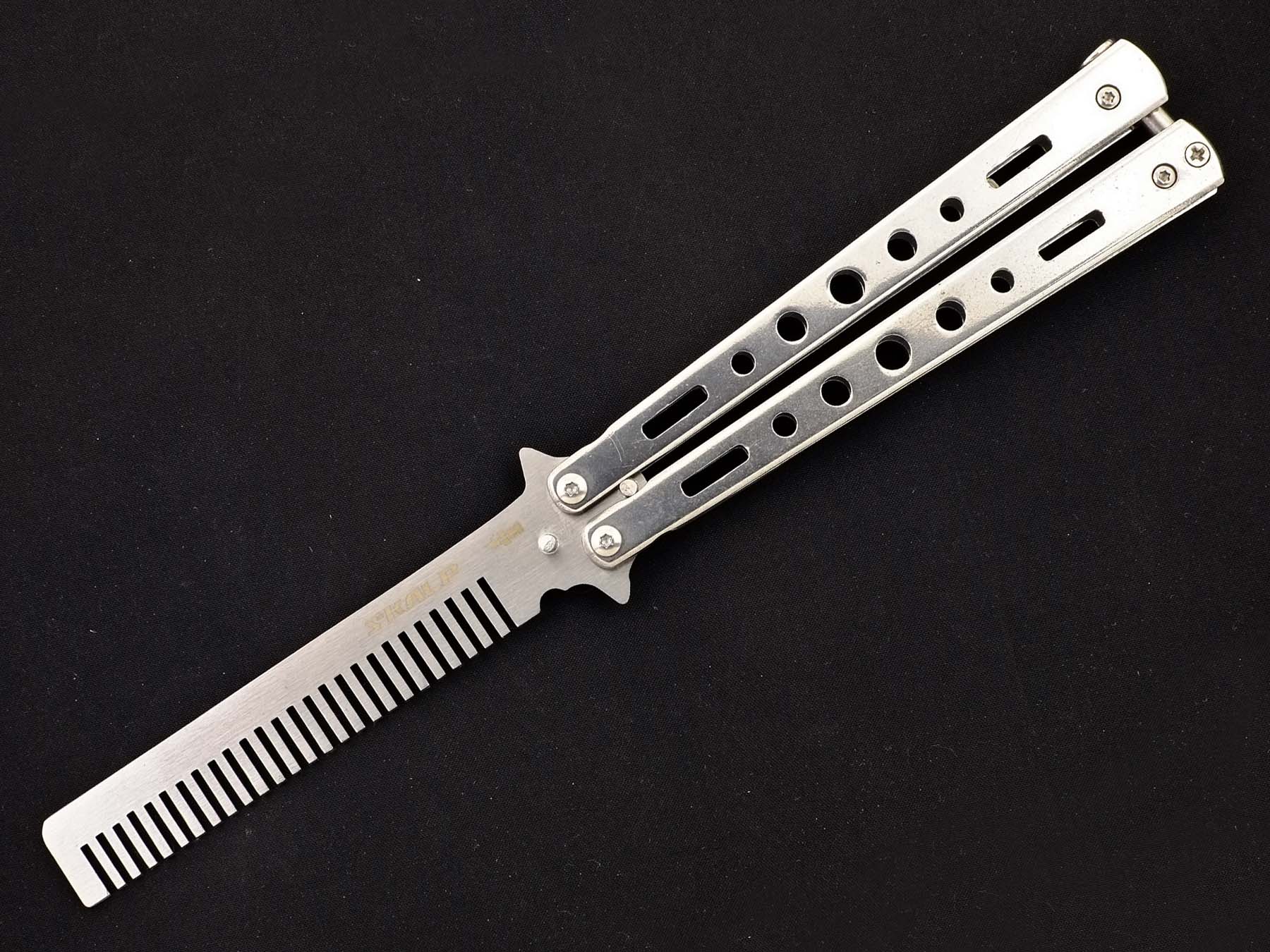Нож тренировочный бабочка с клинком расческой Ножемир SKALP серебристый BRA-17