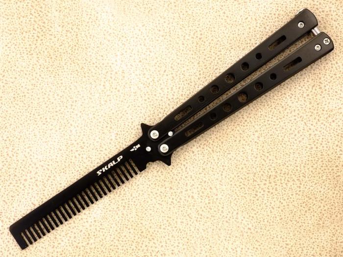 Нож тренировочный бабочка с клинком расческой Ножемир SKALP черный BRA-18