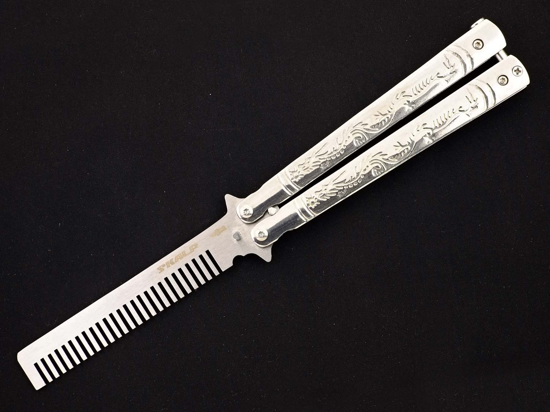 Нож тренировочный бабочка с клинком расческой Ножемир SKALP серебристый BRA-19