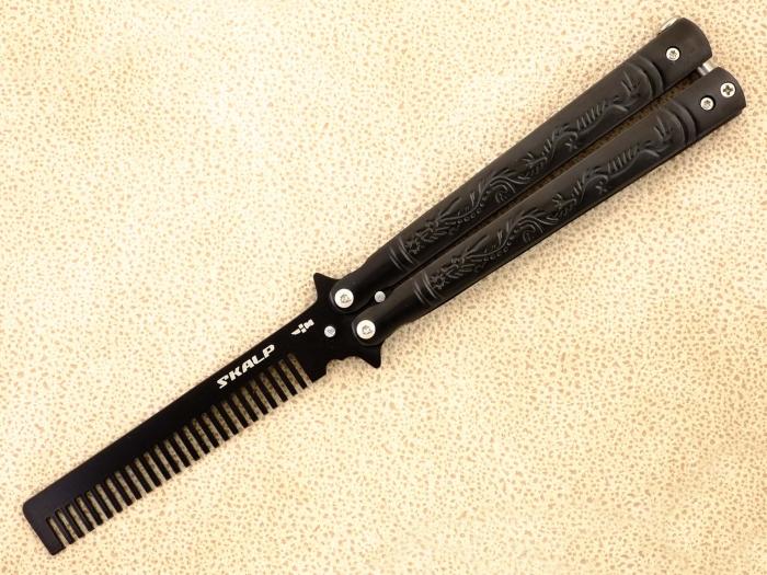 Нож тренировочный бабочка с клинком расческой Ножемир SKALP черный BRA-20