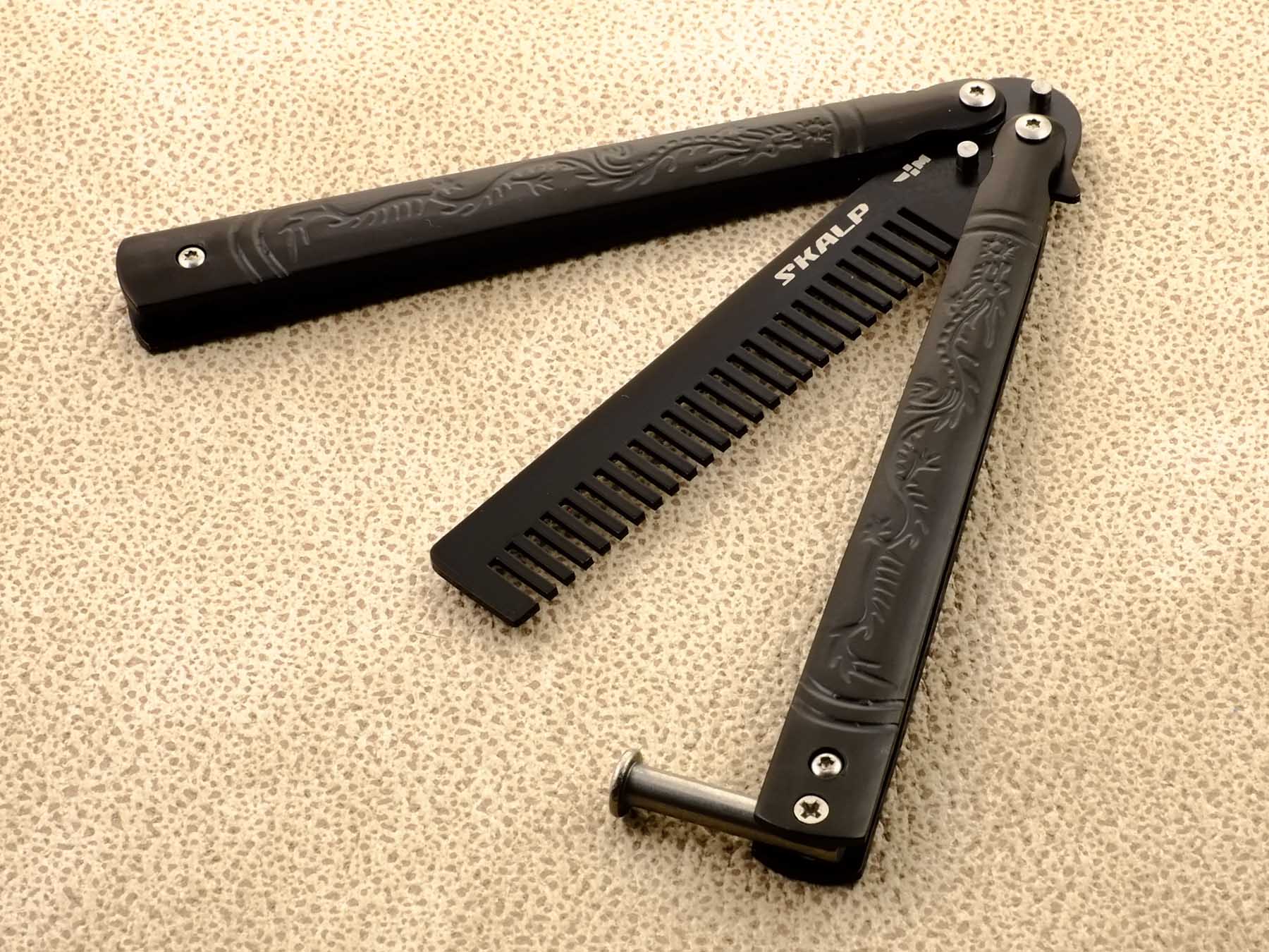 Нож тренировочный бабочка с клинком расческой Ножемир SKALP черный BRA-20