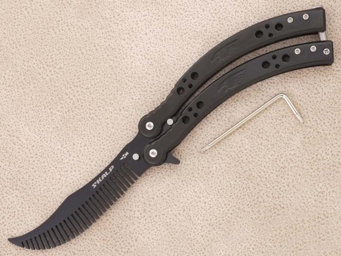 Нож тренировочный бабочка с клинком расческой Ножемир SKALP черный BRA-27