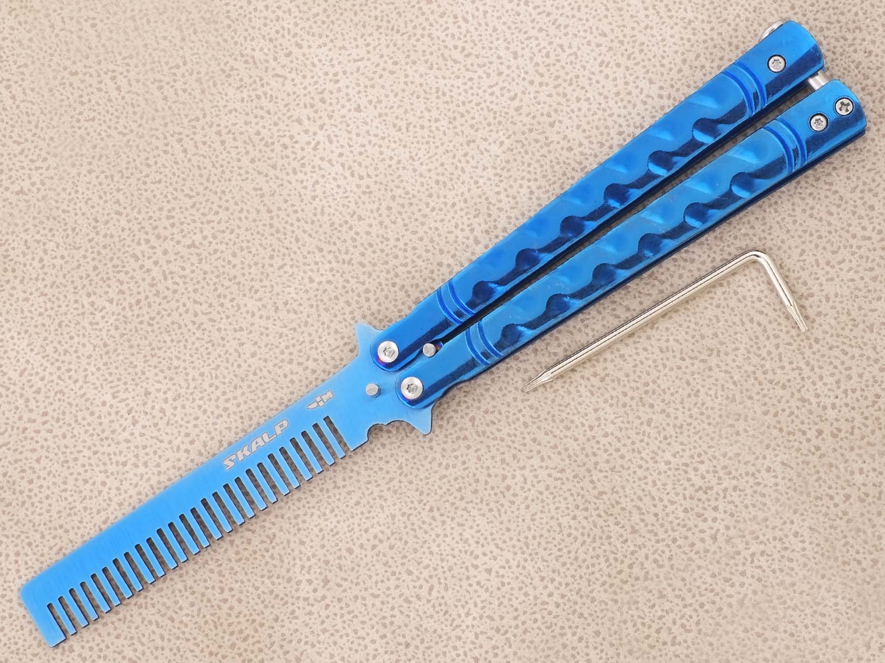 Нож тренировочный бабочка с клинком расческой Ножемир SKALP синий титан BRA-33